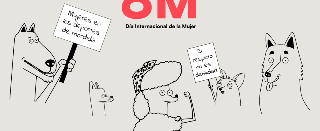 Ilustración a línea de unos perros portando carteles reivindicativos en el día de la mujer